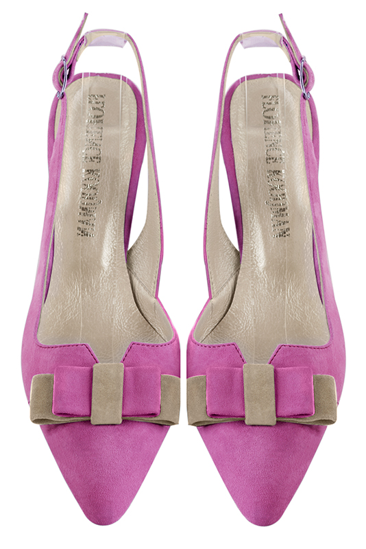 Shocking pink women's open back shoes, with a knot. Tapered toe. Medium comma heels. Top view - Florence KOOIJMAN